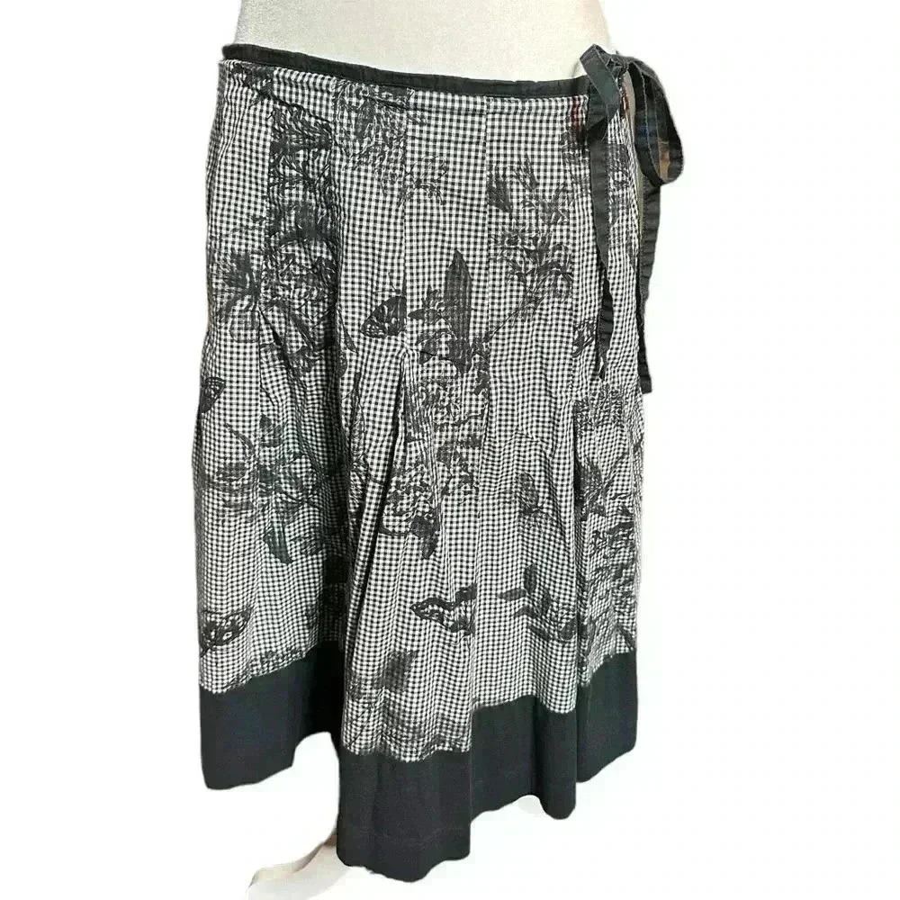 Talbots Black White Gingham Check Floral Butterfly Pleated Cotton Skirt